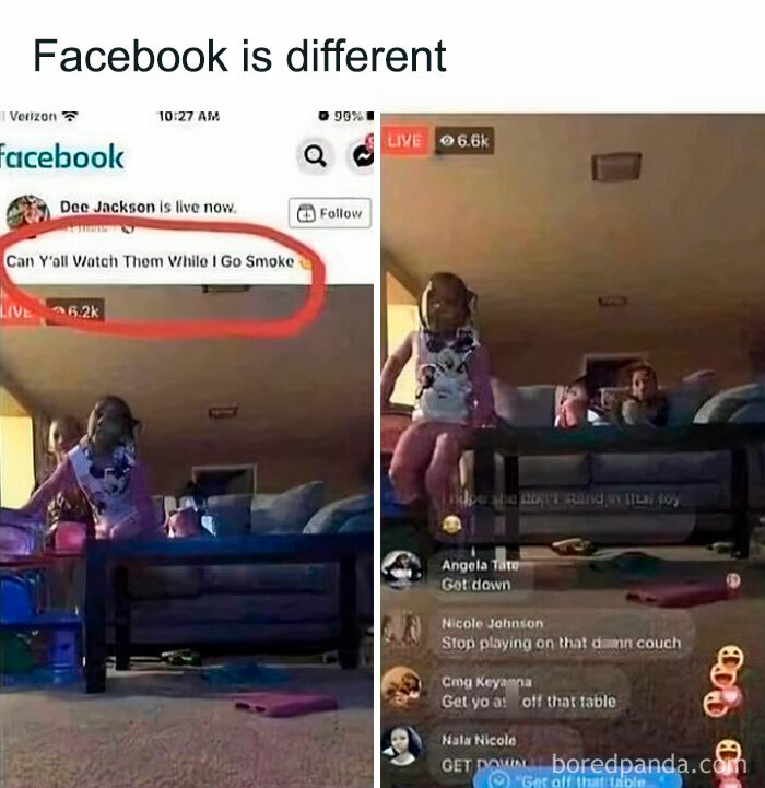 Screenshot of a Facebook live showing kids playing on a couch with comments illustrating dystopia posts.