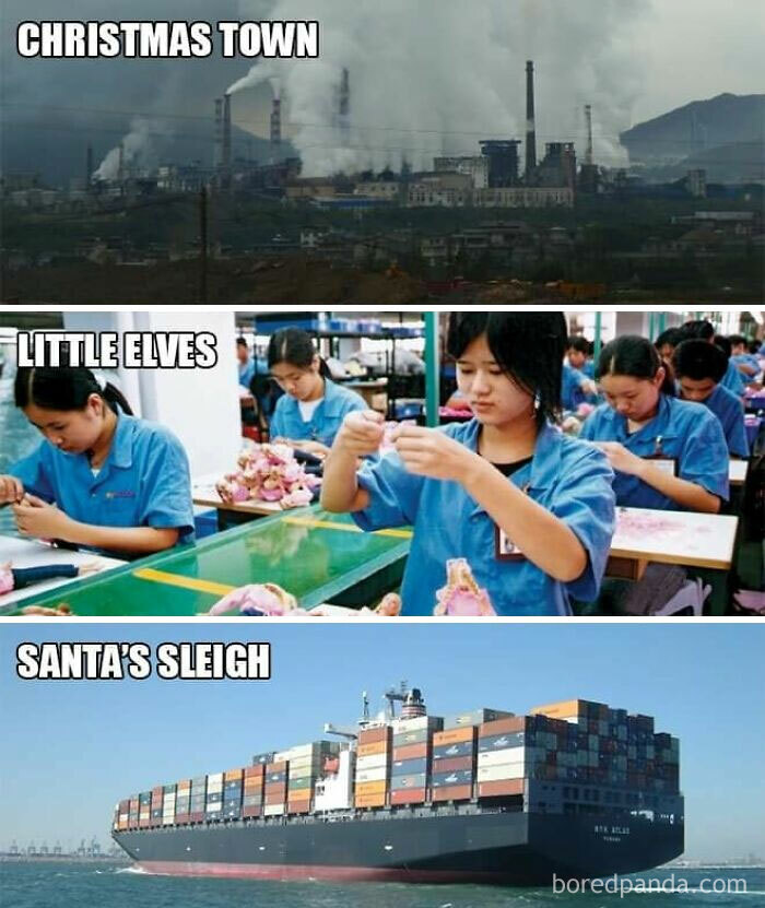 Industrial smoke over a town, factory workers assembling toys, and a large cargo ship representing dystopia reality.