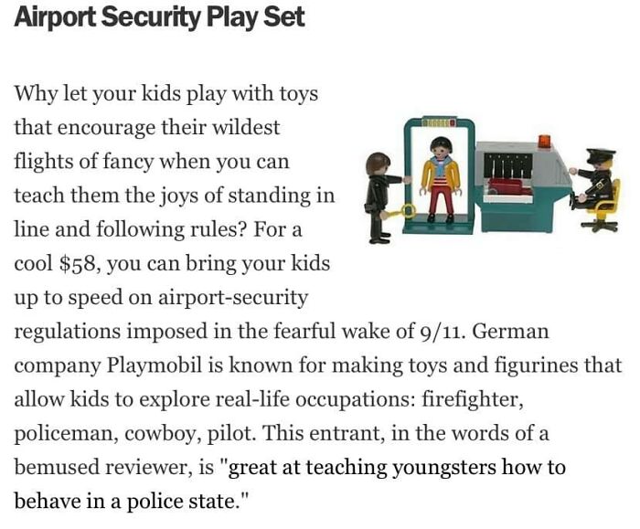 Playmobil Airport Security Play Set toy showing figures at a security checkpoint, reflecting dystopia and police state themes.