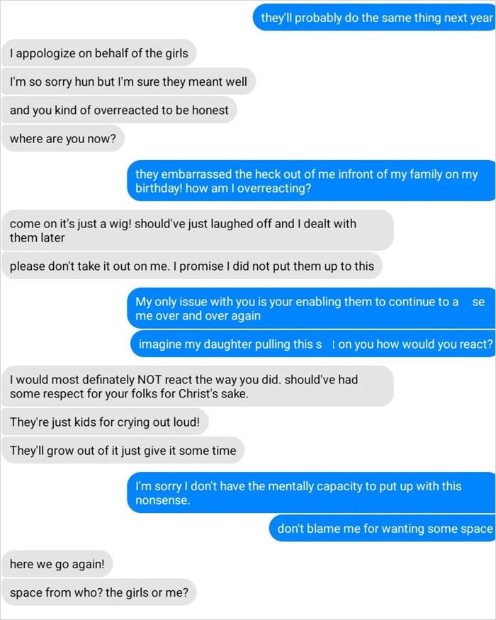 Text message conversation showing a woman pushed to her limits by stepdaughters&rsquo; gift, sharing viral talk with husband.