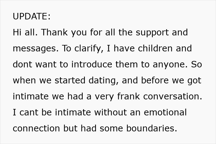 Text update from a woman explaining her boundaries and emotional connection in a casual boyfriend situationship.