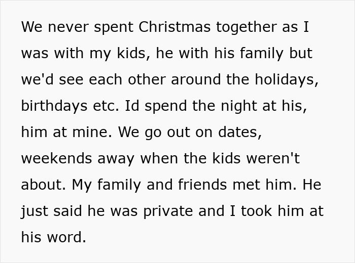 Text excerpt describing a woman&rsquo;s casual boyfriend situation and private relationship details before a breakup.