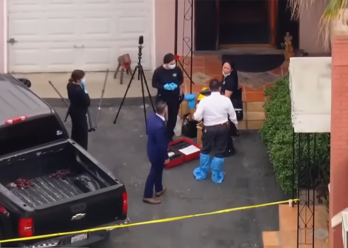 Crime scene investigators examining area outside home with yellow tape after teacher&rsquo;s life ends following explosive diary discovery.