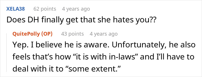 Screenshot of a Reddit conversation discussing a husband's parents coming as a honeymoon surprise and related in-law issues.