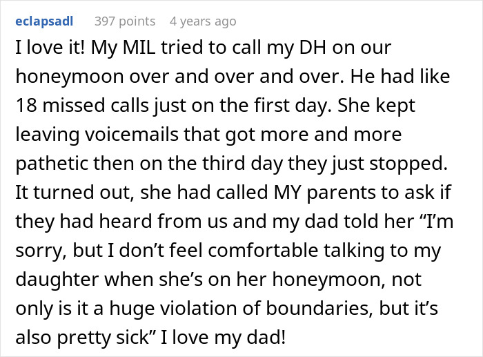 Text excerpt about husband&rsquo;s parents surprising on honeymoon with persistent calls and boundary issues.