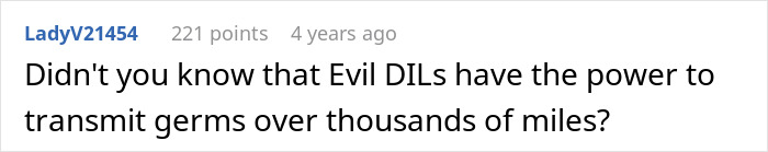 Comment about evil DILs jokingly saying they can spread germs widely, relating to husband parents coming honeymoon surprise.