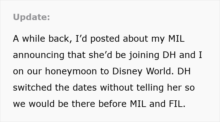 Update text about husband-parents coming honeymoon surprise with changed dates to avoid parents joining trip.