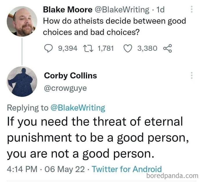 Tweet exchange discussing morality and good choices, featured in straight to the point posts calling out the world today.