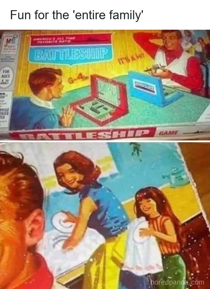 Vintage Battleship board game box with a dark humor meme about family fun and chores, perfect for dark humor fans.