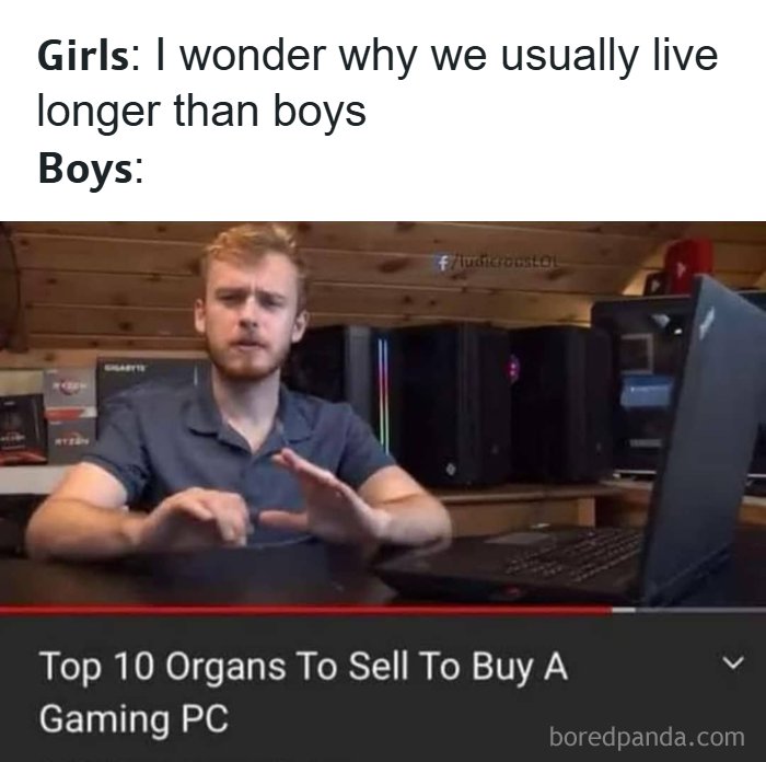 Meme showing a humorous dark joke about boys selling organs to buy a gaming PC, fitting dark humor memes.