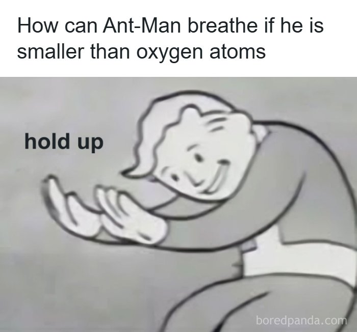 Cartoon character questioning Ant-Man's size and breathing, a dark humor meme reflecting hilarious meme style.
