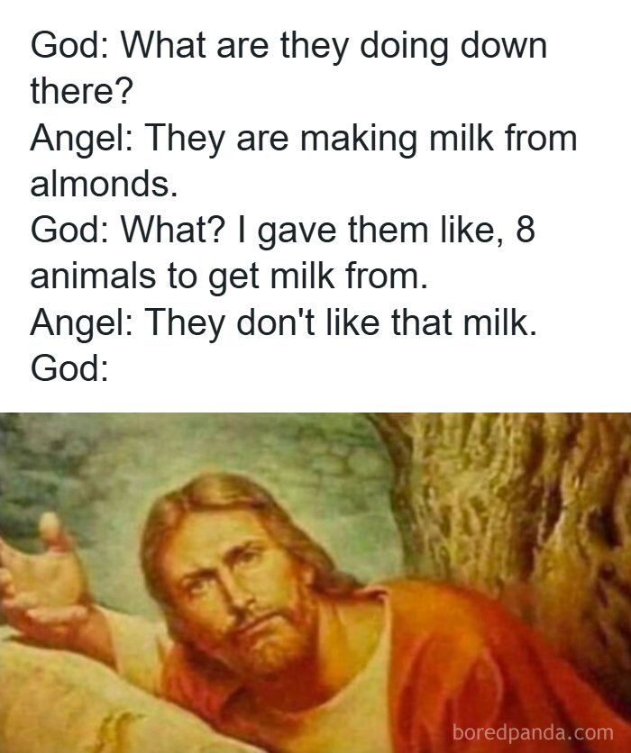 Funny meme showing a confused Jesus reacting to almond milk while discussing animals and milk humorously.