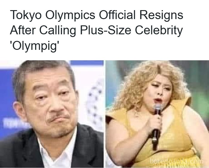 Tokyo Olympics official resigning after dark humor controversy involving plus-size celebrity insult meme.