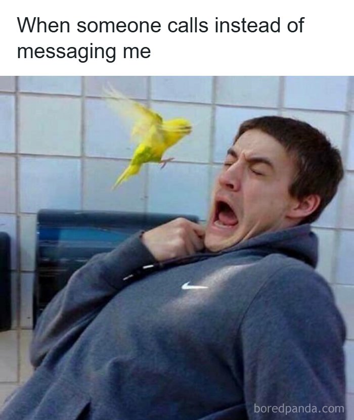 Man reacting in shock as a bird flies near his face captioned for humor coping mechanism posts online.