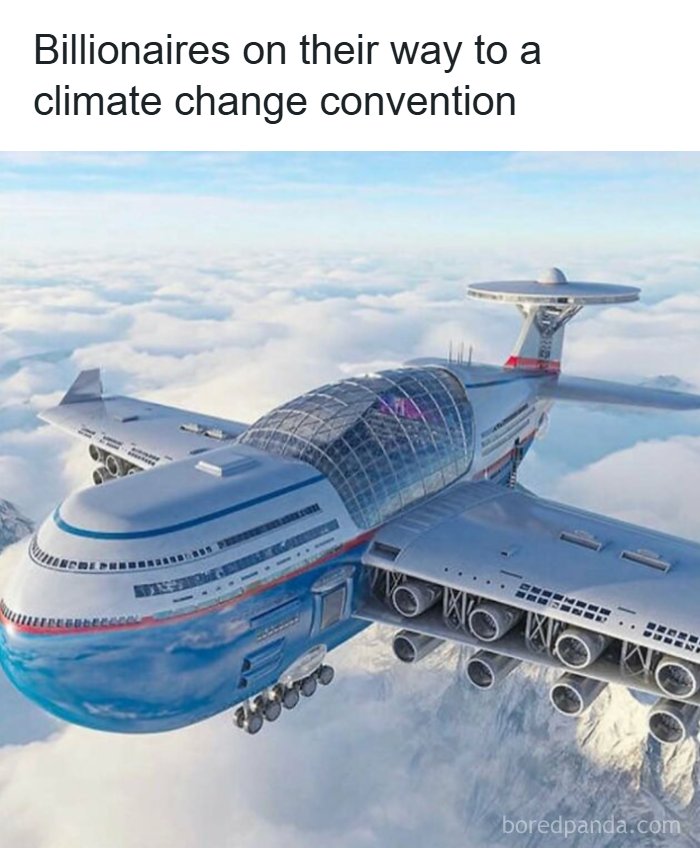 Humorous meme showing a futuristic jumbo jet with text about billionaires heading to a climate change convention.