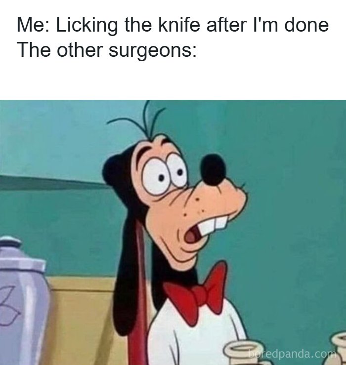 Goofy cartoon character with shocked expression reacting to someone licking a knife, funny memes randomness humor concept.