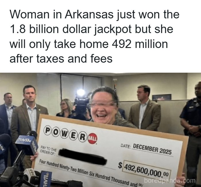 Woman holding oversized lottery check for 492 million in funny screenshots to distract you from responsibilities