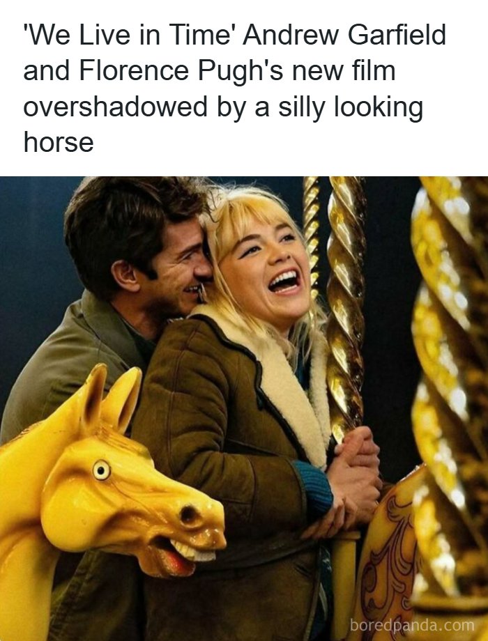 Andrew Garfield and Florence Pugh smiling on a carousel next to a silly looking yellow horse meme.
