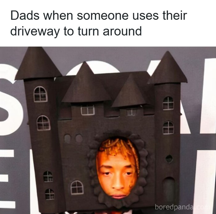 Man wearing a castle costume with a humorous caption about dads and driveway use in random memes to spice up life.