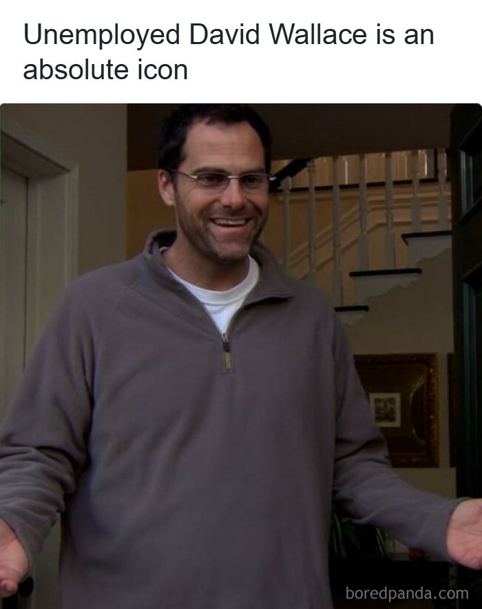 Man smiling and shrugging inside a house, featured in popular memes inspired by the TV series The Office.