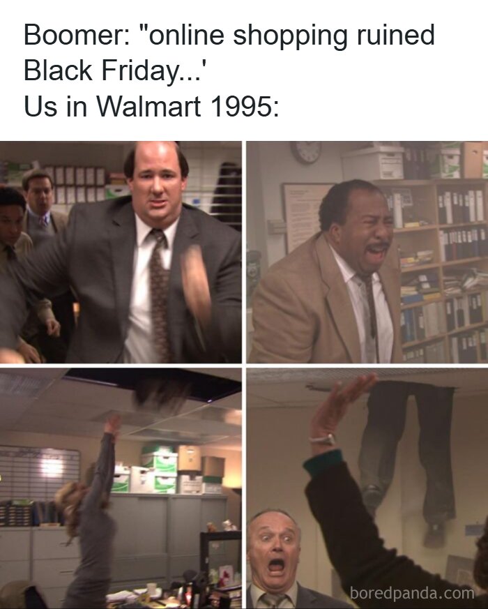 Scenes from The Office showing characters rushing and reacting humorously, inspired by popular memes about the TV series The Office.