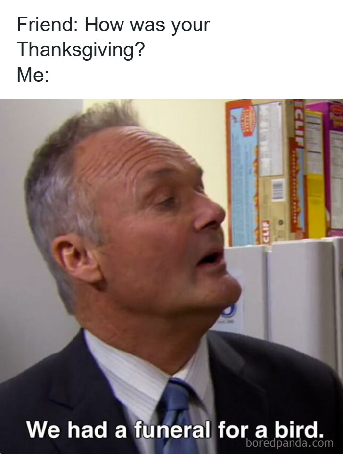 Man in a suit making a humorous face with a meme about Thanksgiving, part of popular memes inspired by The Office TV series.