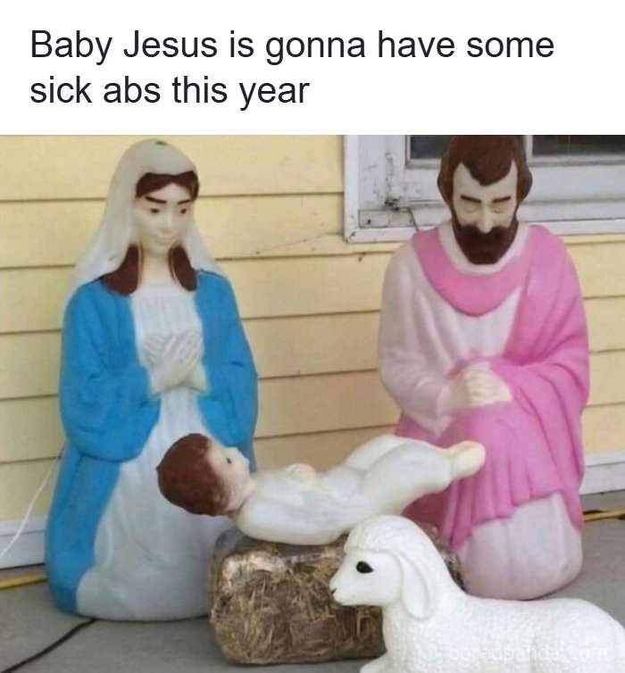Nativity scene with Baby Jesus, Mary, Joseph, and a lamb statue in a humorous, random meme style.