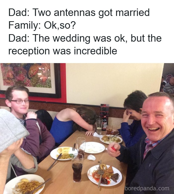Family reacting to a dad joke at dinner showing meme humor for those who just don't get it on a meme account.