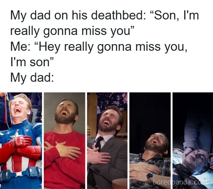 Funny meme explaining a dad and son joke with multiple images of a man laughing heartily.