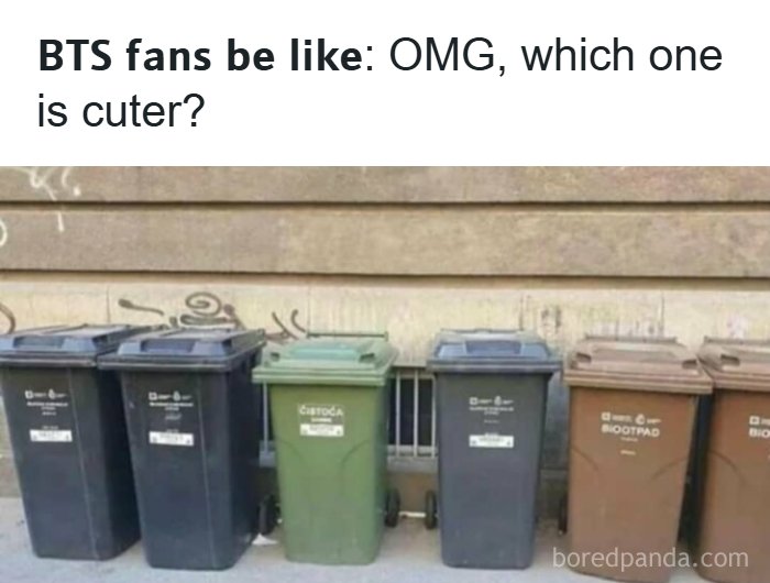 Trash bins lined up outside a building with a meme referencing dark humor enjoyed by fans comparing cuteness.