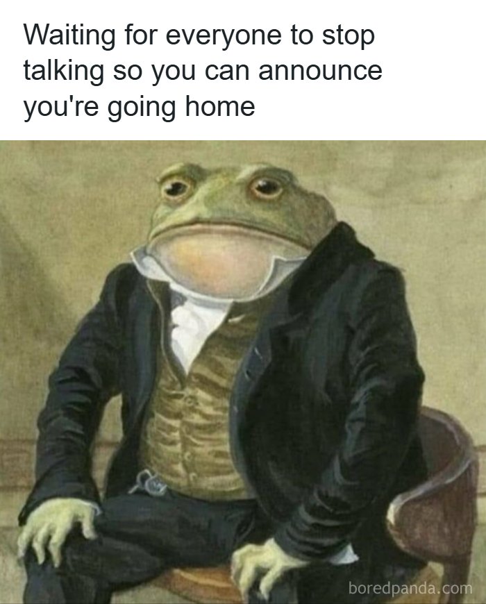A serious frog dressed in formal clothes waiting patiently, humor meme for people using humor as a coping mechanism.
