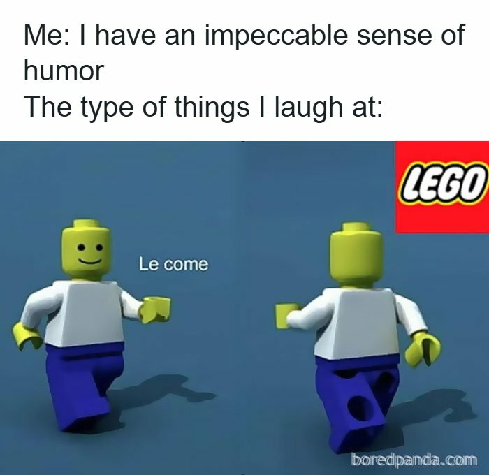 Meme account explaining a funny LEGO meme captioned with impeccable sense of humor and types of things laughed at.