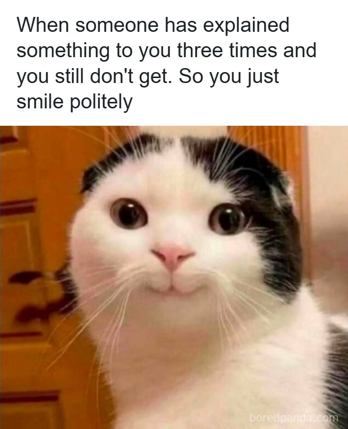 Cat with a confused smile representing humor as a coping mechanism in funny relatable meme post.
