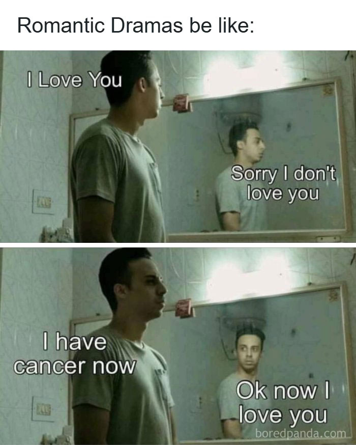 Man looks in a mirror with dark humor meme about love and illness, fitting dark humor memes for fans of edgy humor.