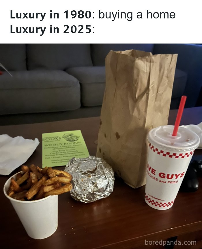 Brown paper bag, foil-wrapped burger, cup of fries, and drink on a table illustrating 100 funny screenshots distraction.