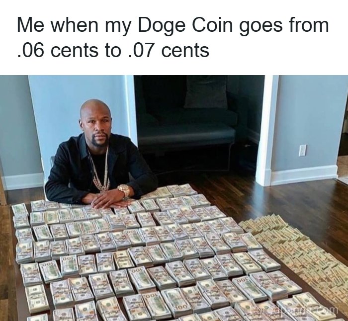 Man sitting behind a table full of money, illustrating dark humor memes about small gains in cryptocurrency value.