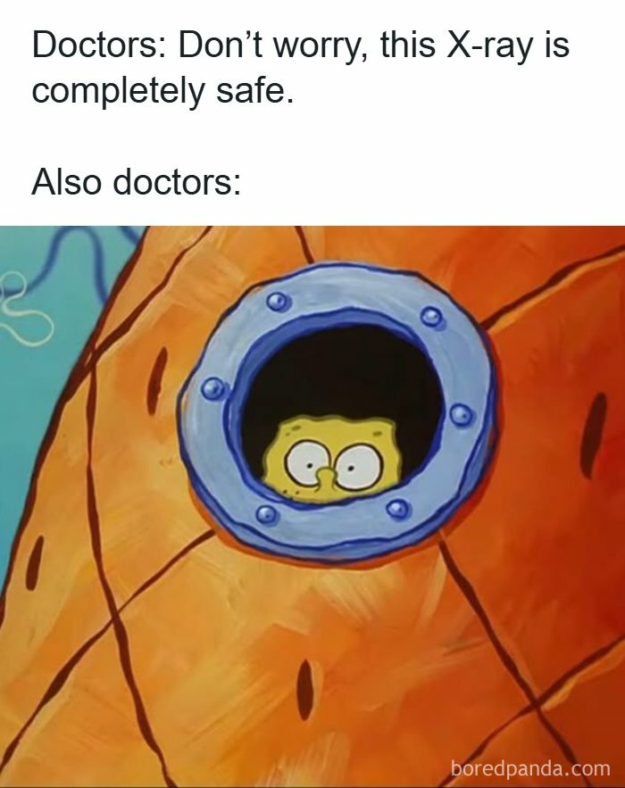 SpongeBob peeking nervously through a porthole, illustrating healthcare memes about doctors and X-ray safety.