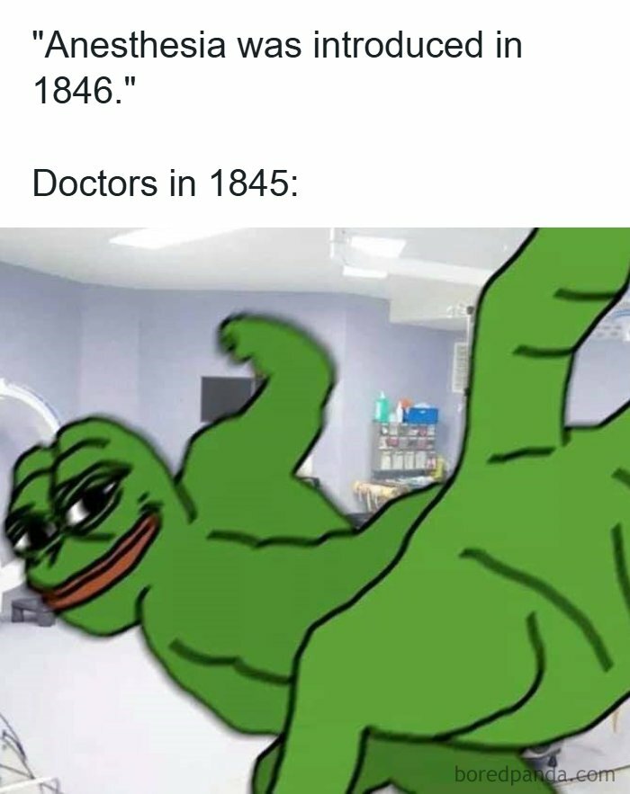 Pepe the Frog meme depicting doctors before anesthesia with a humorous healthcare meme reference.