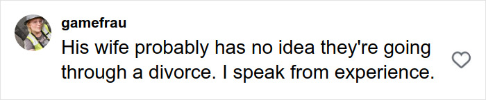 Comment expressing a personal experience about divorce, related to a single woman left speechless by a Hinge match discovery.
