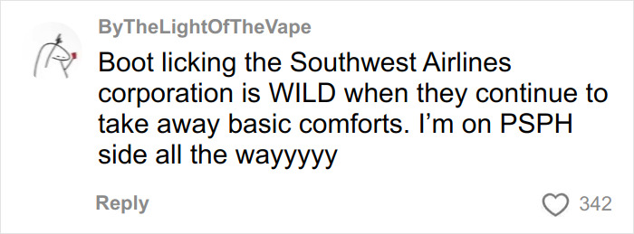 Comment criticizing Southwest Airlines over new seating rules, highlighting backlash from plus size passengers.