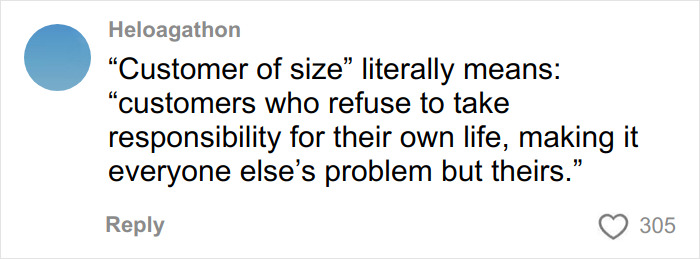 Comment criticizes "customer of size" definition, reflecting backlash from plus size passengers over new Southwest seating rules.