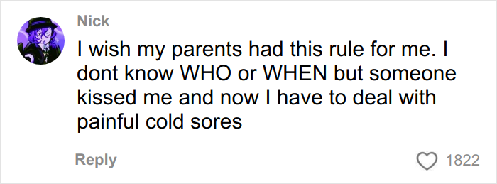 User comment discussing the importance of gentle reminder for grandma to not kiss baby to prevent cold sores.