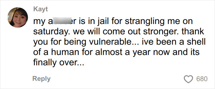 Screenshot of social media comment from Kayt sharing a***e experience, related to Firerose disturbing accusations audio.