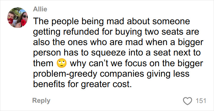Social media comment criticizing Southwest Airlines over new seating rules for plus size passengers and customer refunds.
