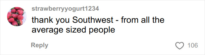 Comment from a user thanking Southwest Airlines on a social media post about new seating rules affecting plus size passengers.