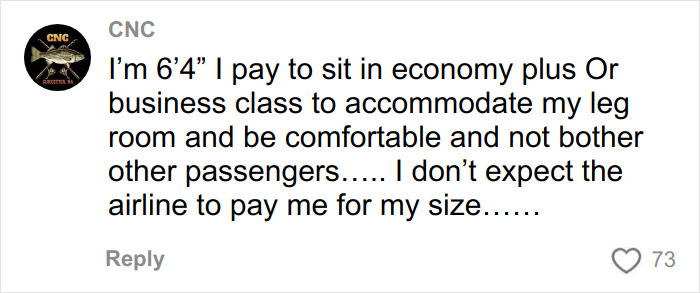 Comment from a passenger discussing paying for economy plus or business class for comfort amid backlash on Southwest seating rules for plus size passengers.