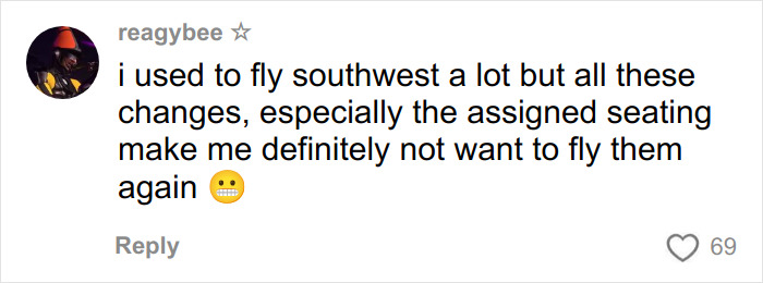 User comment criticizing Southwest Airlines' new seating rules amid backlash from plus size passengers.