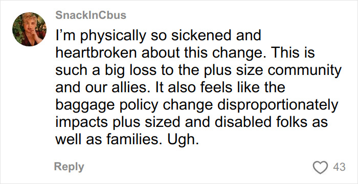 Screenshot of a social media post expressing heartbreak over Southwest&rsquo;s new seating rules impacting plus size passengers.