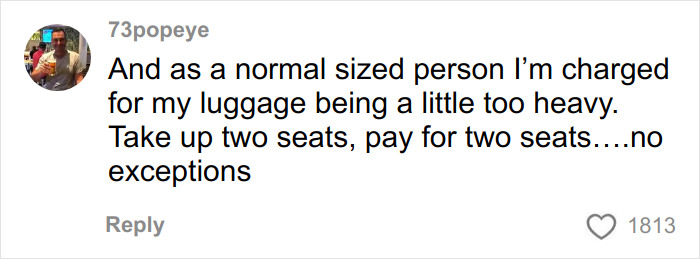 Comment from user 73popeye expressing frustration about luggage fees and seating rules related to plus size passengers on Southwest Airlines.