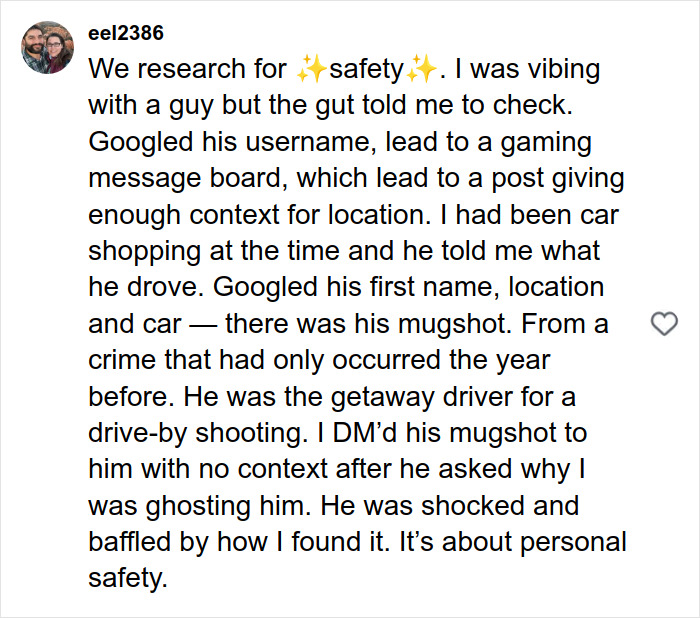 Screenshot of a woman&rsquo;s story revealing a shocking discovery after matching with the perfect guy on Hinge, highlighting personal safety.